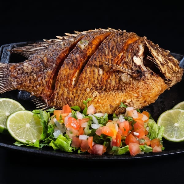 Whole fried fish served with chopped salad, leafy greens, and lime slices on a black platter.