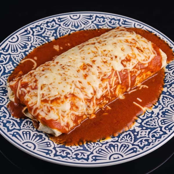 A large, cheesy burrito covered in red sauce and melted white cheese on a blue and white patterned plate.