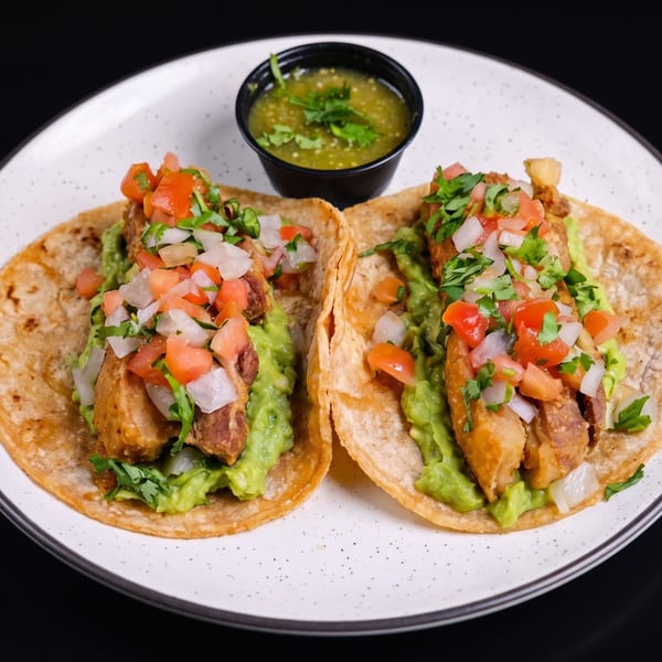 Two crispy pork belly tacos with guacamole, pico de gallo, and a side of green salsa.