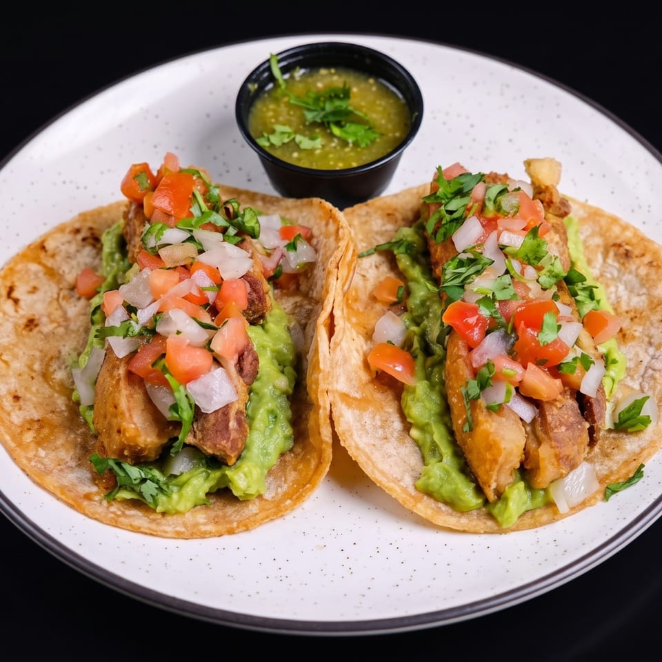 Two crispy pork belly tacos with guacamole, pico de gallo, and a side of green salsa.