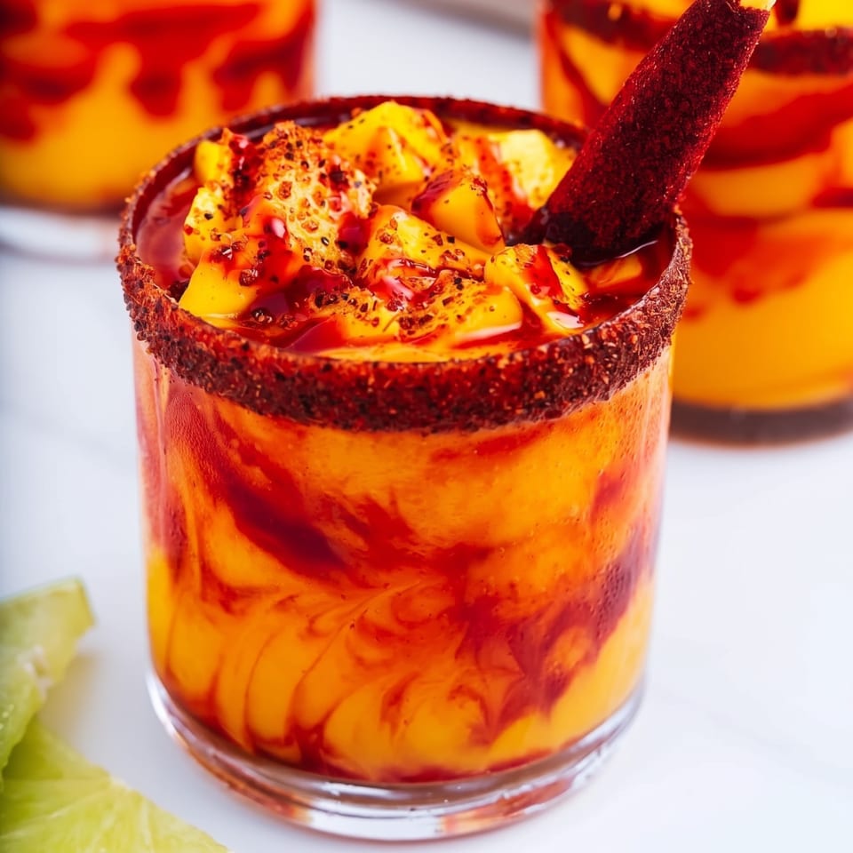 A vibrant mango drink with chili-lime rim, topped with mango chunks and a tamarind candy straw.