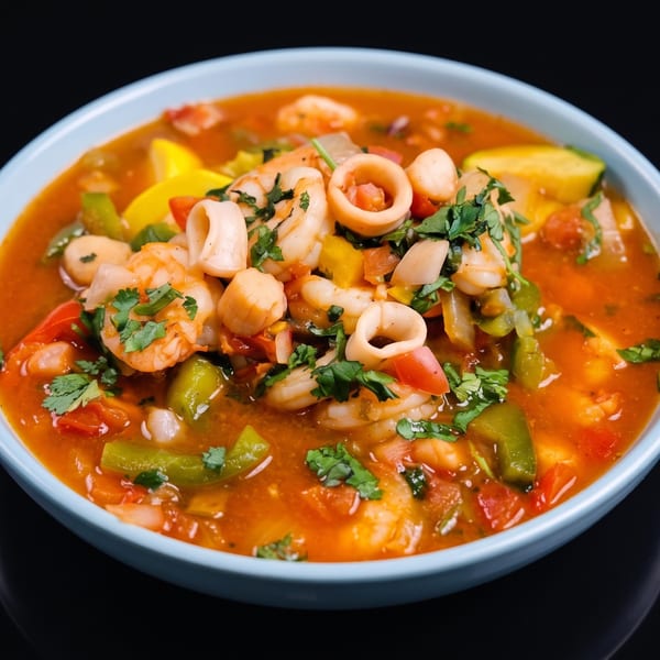 Close-up of a vibrant seafood stew with shrimp, scallops, calamari, and vegetables in a light blue bowl.