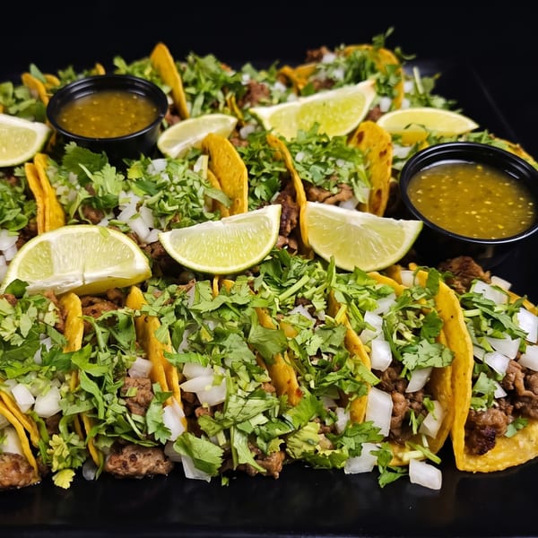 A platter of street tacos with meat, cilantro, onions, lime wedges, and two cups of salsa verde.