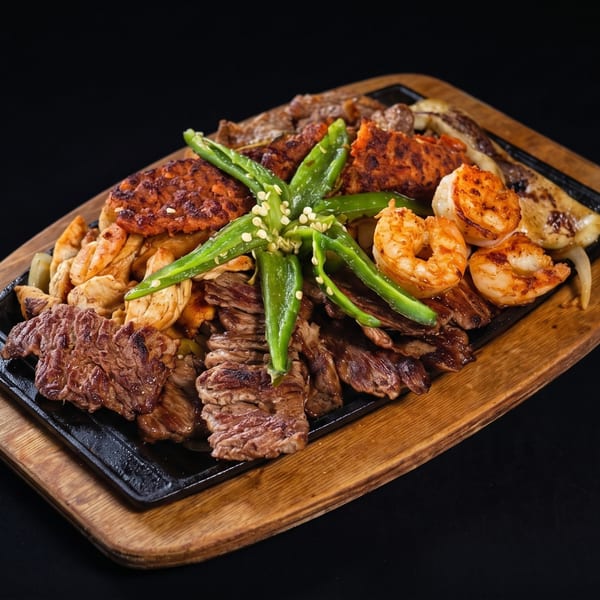 Sizzling fajita platter with grilled steak, chicken, shrimp, and green peppers on a wooden board.