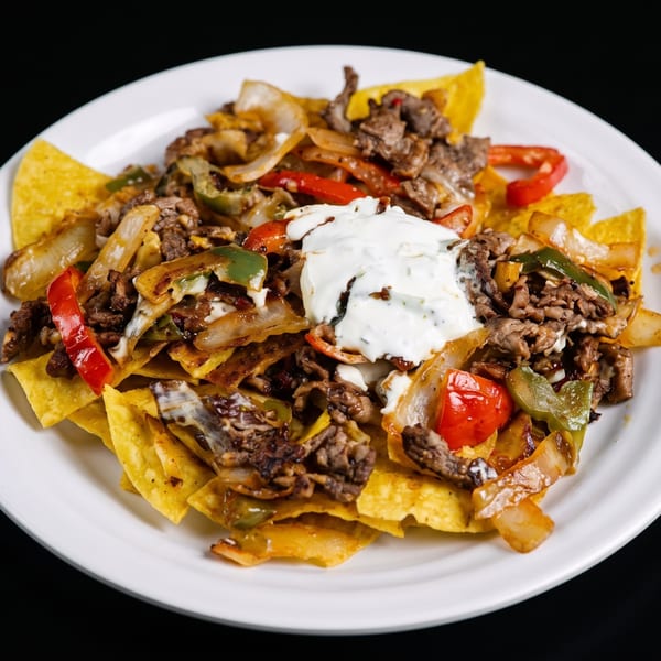 Loaded nachos topped with seasoned meat, sautéed peppers and onions, tomatoes, and white crema on a plate.