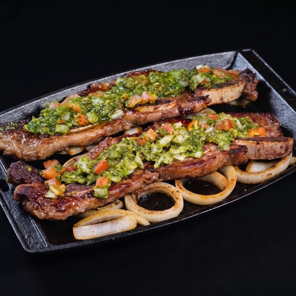 Grilled short ribs topped with green salsa and diced tomatoes, served with onion rings on a black platter.