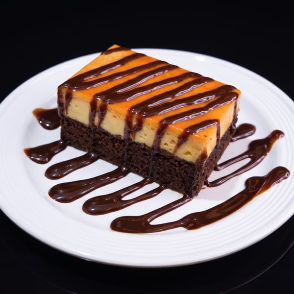 A slice of chocolate cake with a flan topping and chocolate drizzle on a white plate.