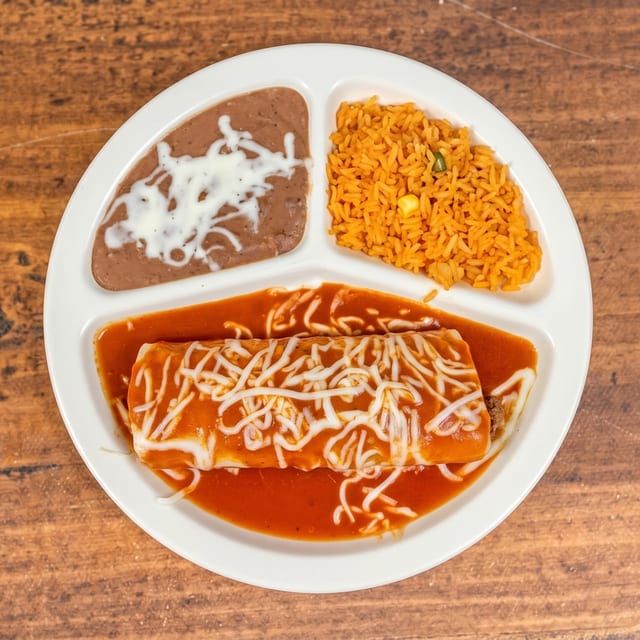 Kids Enchilada, Rice and Beans.