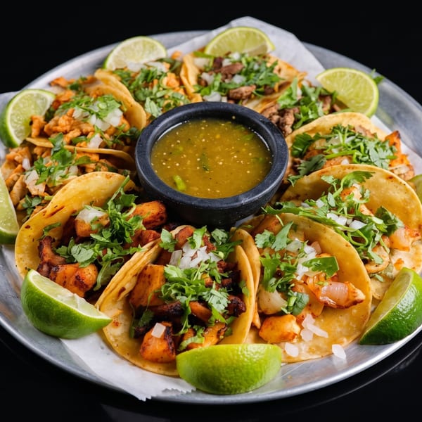 Assorted Mexican tacos topped with cilantro and onions surround a bowl of green salsa, garnished with lime wedges.
